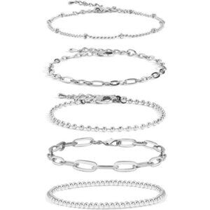 Women's Silver Plated Adjustable Layered Metal Link Bracelet Set